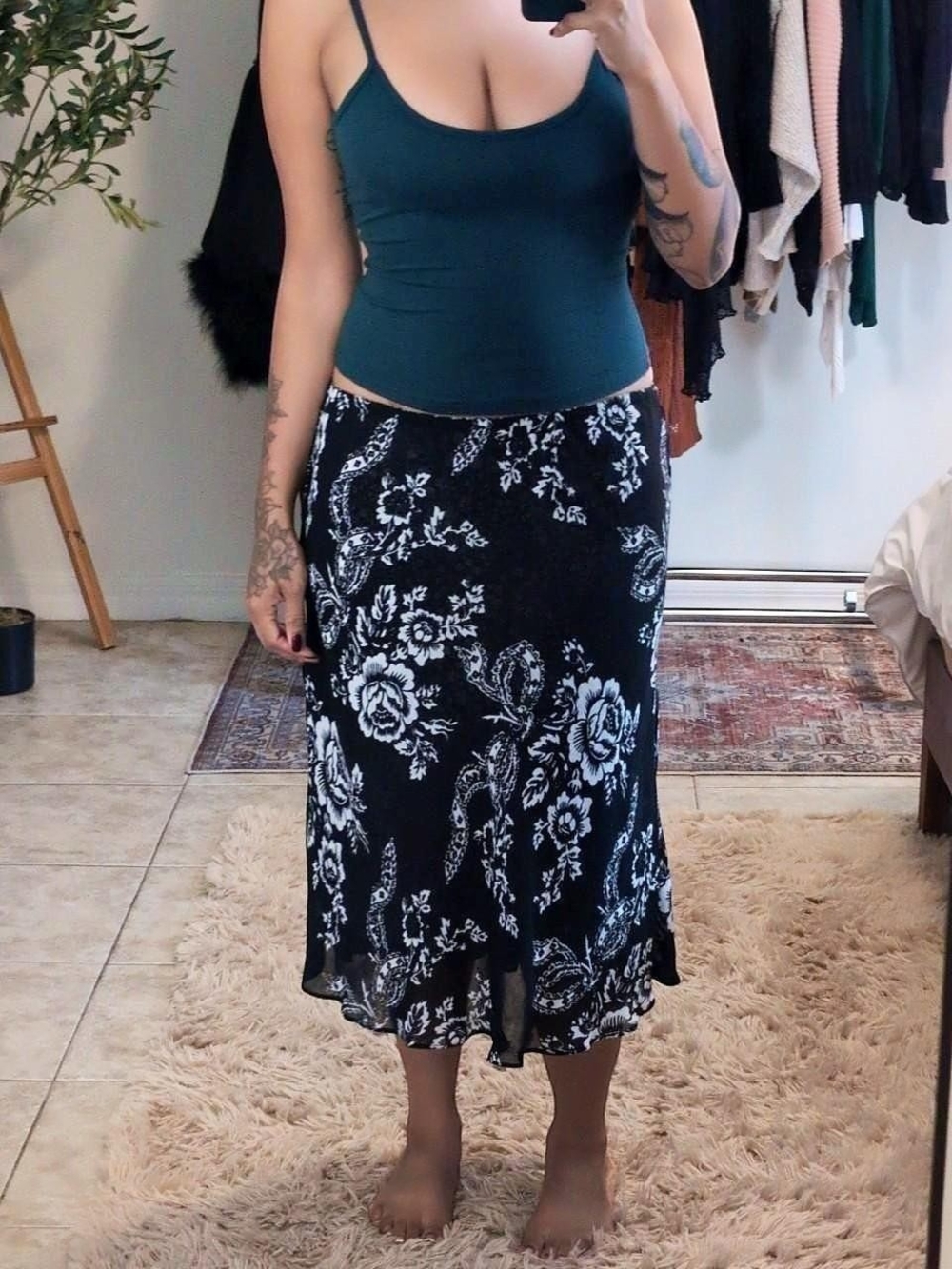 Black & White Floral Midi Skirt